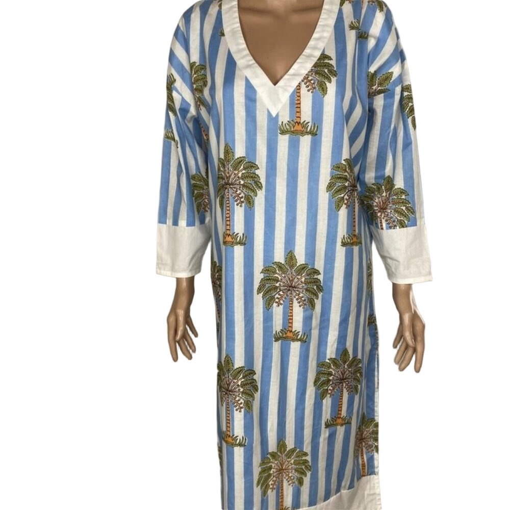 NEW FANCY Cotton Poplin Palm Tree Summer Dress Size L | Color: Blue/White